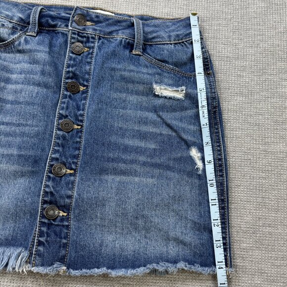Mudd Womens Blue Distressed Denim Skirt Button Front FLX Stretch Raw Hem Size 1 - Picture 10 of 12